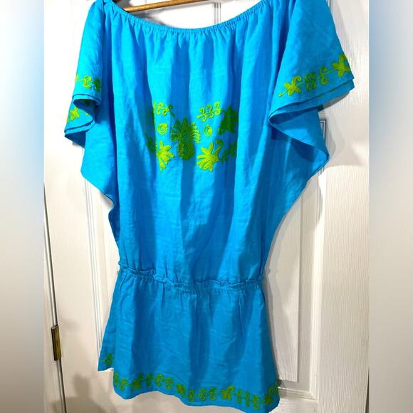 Debbie Katz South Beach Embroidered Turquoise Tunic with Fluted Sleeves Sz Large - Picture 7 of 10